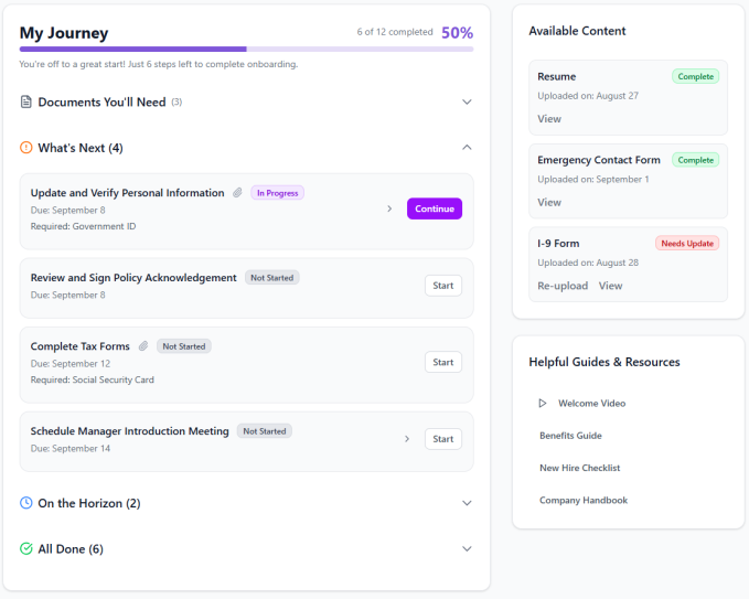 The enhanced Employee Portal showing the My Journey tab with progress bar, document checklist, and task sections.